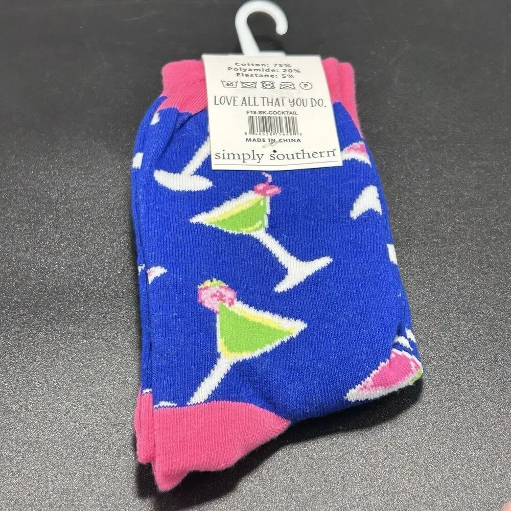 New Simply Southern Socks Womens 5-10 Blue Martini High Sock Pull On Preppy Sock